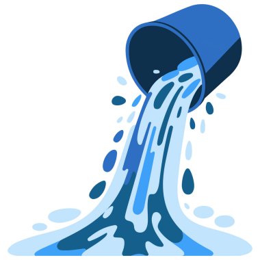 Ters dönmüş kova, beyaz arkaplana su yalıtılmış vektör çizimi döküyor.