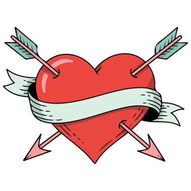 Dövme biçimi ok kalp pankartı tasarımı beyaz arkaplanda izole edilmiş vektör çizimi