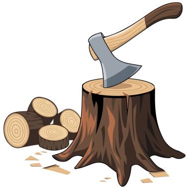 Ağaç kütüğüne saplanmış balta beyaz arkaplanda izole edilmiş vektör çizimi