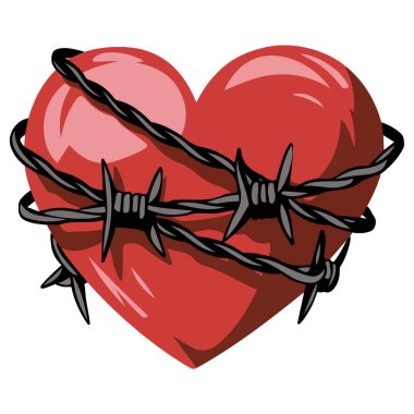 Beyaz arkaplanda izole edilmiş dikenli telle sarılı kalp vektör çizimi