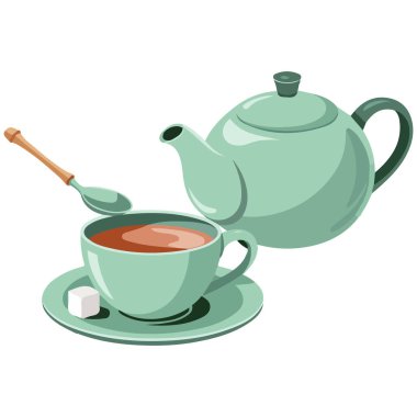 Beyaz arkaplanda izole edilmiş vektör illüstrasyonu için çay seti