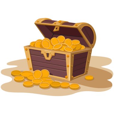 Altın hazinelerle dolu antik ahşap kutu izole edilmiş vektör çizimi