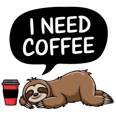 Uykulu tembel hayvan beyaz arka planda kafein için izole edilmiş vektör çizimi istiyor