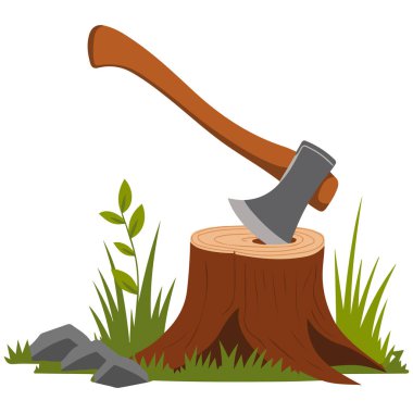 Ağaç kütüğüne gömülü balta izole edilmiş vektör çizimi