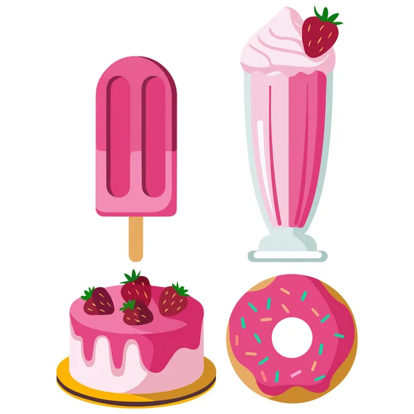 Pembe renkli tatlı çeşitleri ve beyaz arkaplandaki izole vektör çizimleri