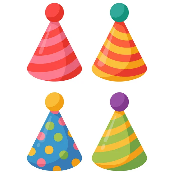 Renkli parti şapkaları kutlaması beyaz arkaplanda izole edilmiş vektör illüstrasyonunu ayarladı