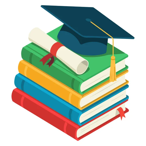 Mezuniyet aksesuarları ile akademik yığın izole edilmiş vektör illüstrasyonu