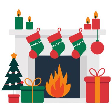 Beyaz arka planda izole edilmiş Noel evi şöminesi.