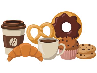 Fırın malzemeleri ve sıcak içecek izole edilmiş vektör illüstrasyonunu ayarla