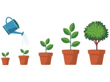 Toprak ve su izole edilmiş vektör illüstrasyonuyla çömlekte büyüyen küçük bitki