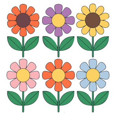 Çiçek elementlerinin botanik kümesi beyaz arka planda izole edilmiş vektör çizimi