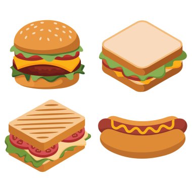 Lezzetli hamburger ve sandviç vektör çizimi beyaz arkaplanda izole