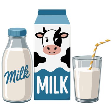 Süt ürünleri süt paketleme ve cam vektör illüstrasyonu beyaz arka planda izole