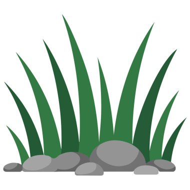 Beyaz arkaplanda izole edilmiş taş vektör illüstrasyonlu uzun yeşil çimen