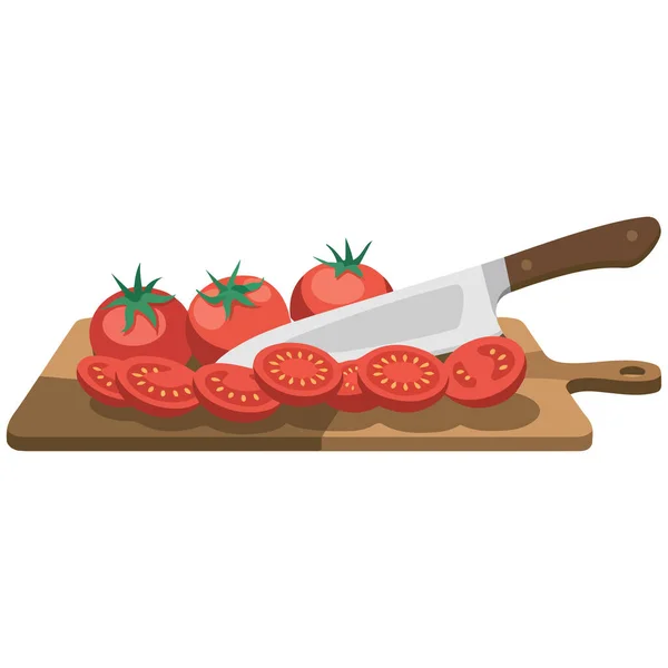 Kesme tahtasında domates doğrayan bıçak izole vektör çizimi