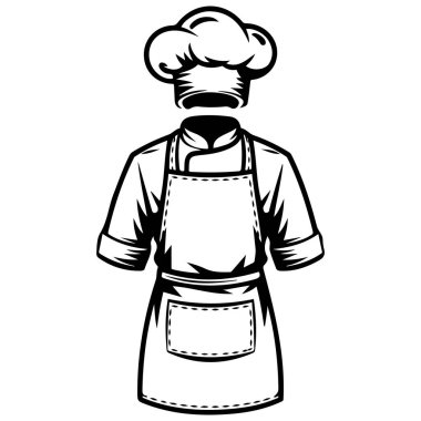 Mutfak önlüğü ve şef şapkası beyaz arka planda izole edilmiş vektör çizimi