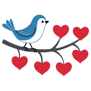 Sevimli kuş kalp ağacı dalında şarkı söylüyor izole vektör çizimi