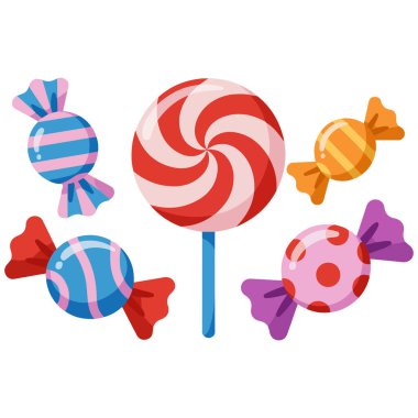 Düz çizgi film dizaynı izole vektörüne sarılı şekerler