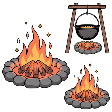 dört durumda karikatür kamp ateşi izole edilmiş vektör çizimi