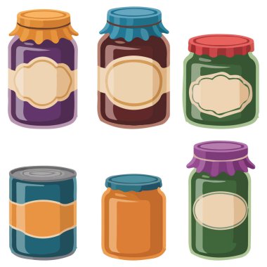 Kavanozlardaki ve kutulardaki yiyecekleri izole edilmiş vektör illüstrasyonu