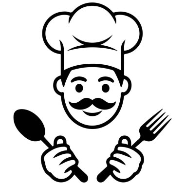 Siyah beyaz çatal bıçak taşıyan şef vektör izole edilmiş beyaz arkaplan