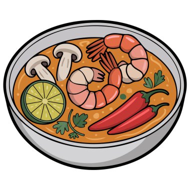 Beyaz kase vektörlü baharatlı Asya çorbası izole edilmiş beyaz arka plan