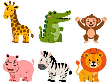 Hayvanların izole edilmiş beyaz arka planı olan Afrika vahşi doğası