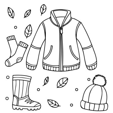 Kışlık giysiler renklendirme sayfaları vektörü izole edilmiş beyaz arkaplan
