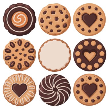 Çerezler çikolatalı vanilya set vektörü izole edilmiş beyaz arkaplan