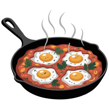 Shakshouka yumurtaları domates tava vektörü izole edilmiş beyaz arkaplan