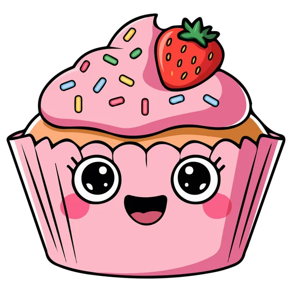 Beyaz arkaplanda izole edilmiş vişneli el çizimi olan pembe kek.