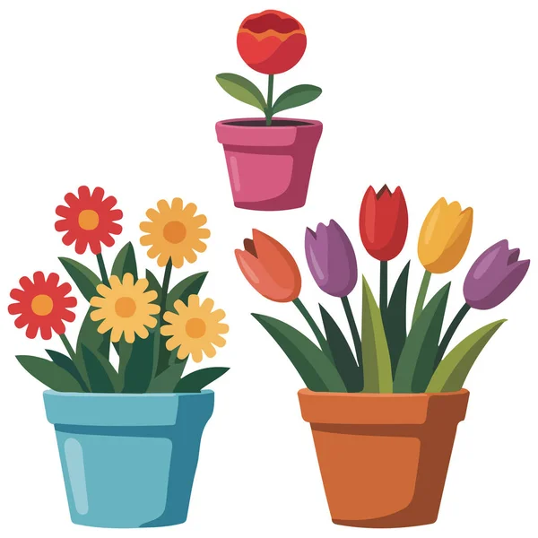 Saksılardaki çiçek buketleri vektör izole edilmiş beyaz arkaplan