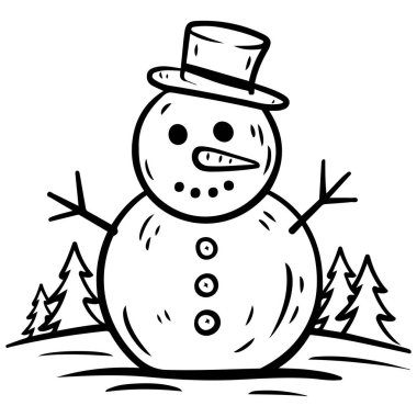 Neşeli koyu renkli kardan adam karakteri kış tatili çizimi beyaza izole edilmiş.