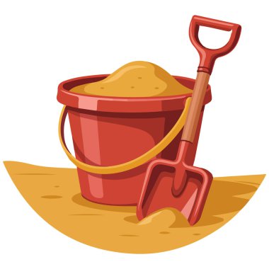 Çocukların plaj oyuncakları kovası ve tırmık yaz vektörü grafiği beyaza izole edilmiş.