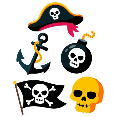 Korsan macera simgesi beyaz üzerine izole edilmiş denizcilik vektör grafikleri ayarlandı