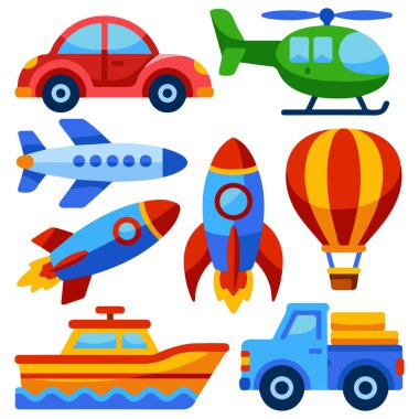 Oyuncak araçlar, beyaz üzerinde izole edilmiş çocuk vektör illüstrasyonları