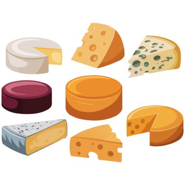 Peynir çeşitliliği kolleksiyonu süt vektör illüstrasyonu beyaz üzerine izole