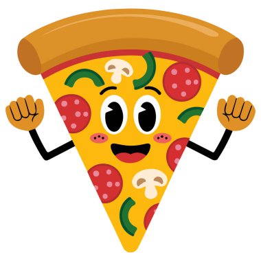 Mutlu pizza dilimi karakter düz çizgi film vektör çizimi