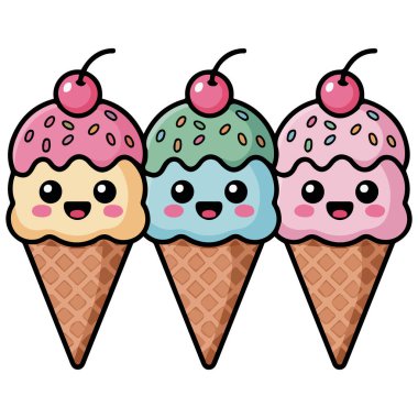 Renkli dondurma külahı koleksiyonu tatlı tatlı ikonları beyaz arkaplanda izole vektör çizimi