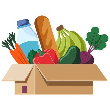 Taze üretim bağış vektörüyle dolu bir market kutusu.