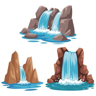 Taşlı ve akan su vektörlü şelale manzarası