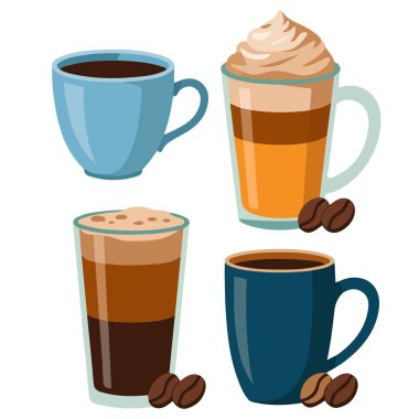 Çeşitli kahve fincanları ve tatlı içecek vektörü