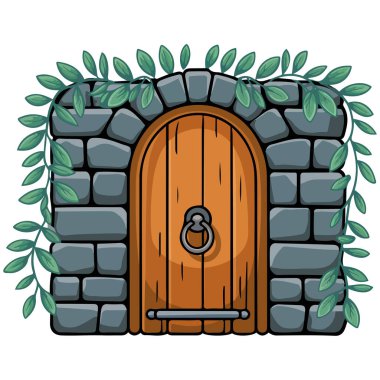 Tahta kapı vektör illüstrasyonlu taş duvar