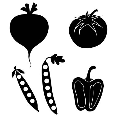 Çizgi film Sebze Simgeleri Domates, Brokoli, Havuç, Soğan, Turp, Pancar ve Biber.