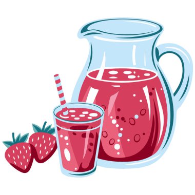 Karikatür Meyve Suyu Kavanozda ve Bardakta Beyaz Arkaplanda