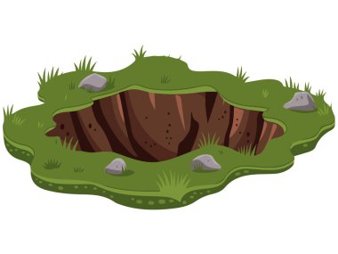 Taşlı Karanlık Yer Deliği ve Çimen Çizgi Film Biçimi Vektör Sanatı