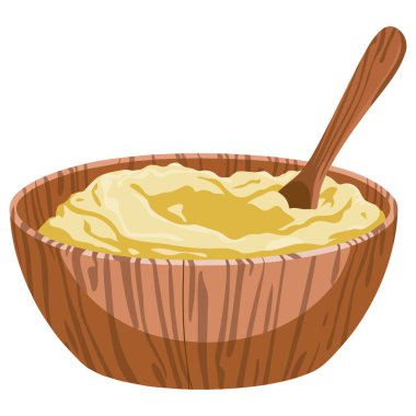 Tahta kâsede geleneksel Ghee, kaşık çizgi film stili organik tereyağlı.