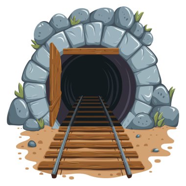 Demiryolu ve ahşap döşemeli desenli Maden Tünel Mağarası Girişi