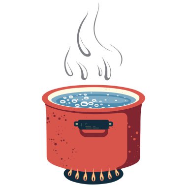 Kırmızı Tavada Kaynayan Suyun Düz Tasarımı