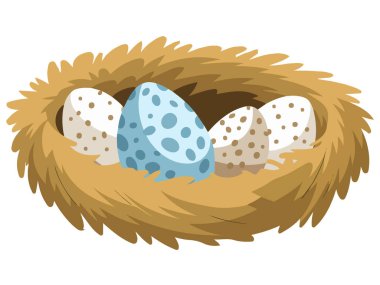 Bir çizgi film sahnesinde kuş yuvası ve yumurtalar.